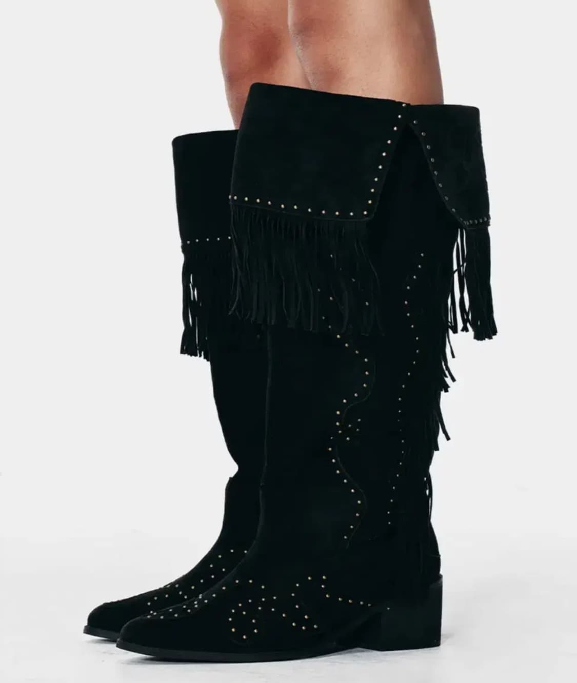 와이이이엘 YEEL 스터드 스웨이드 프린지 부츠 블랙 웨스턴 롱부츠 상품이미지1