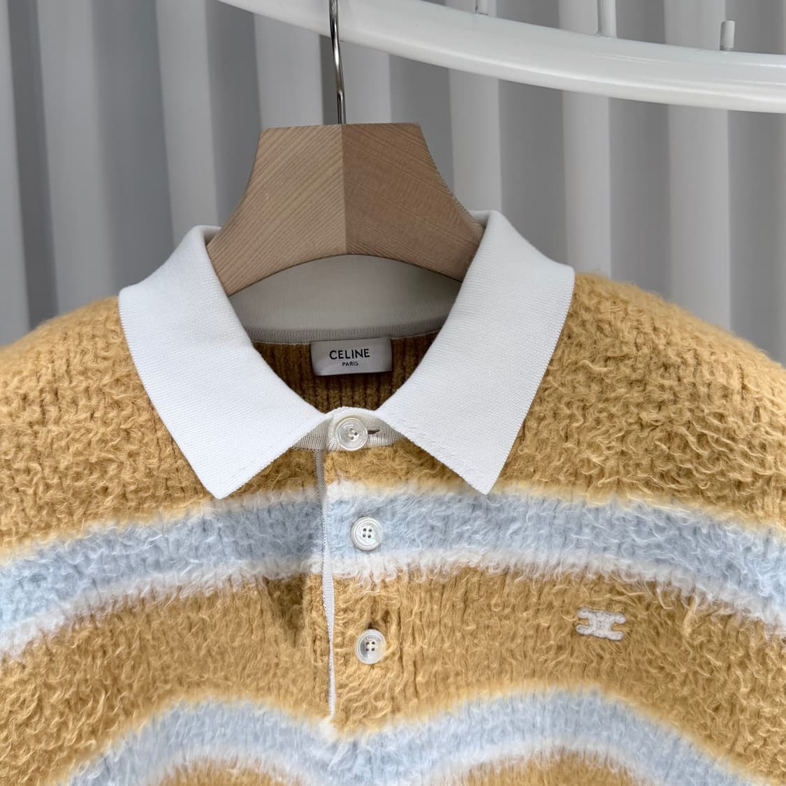 (S/M) 셀린느 크롭 로고 폴로 스트라이프 니트 스웨터 옐로우 상품이미지4