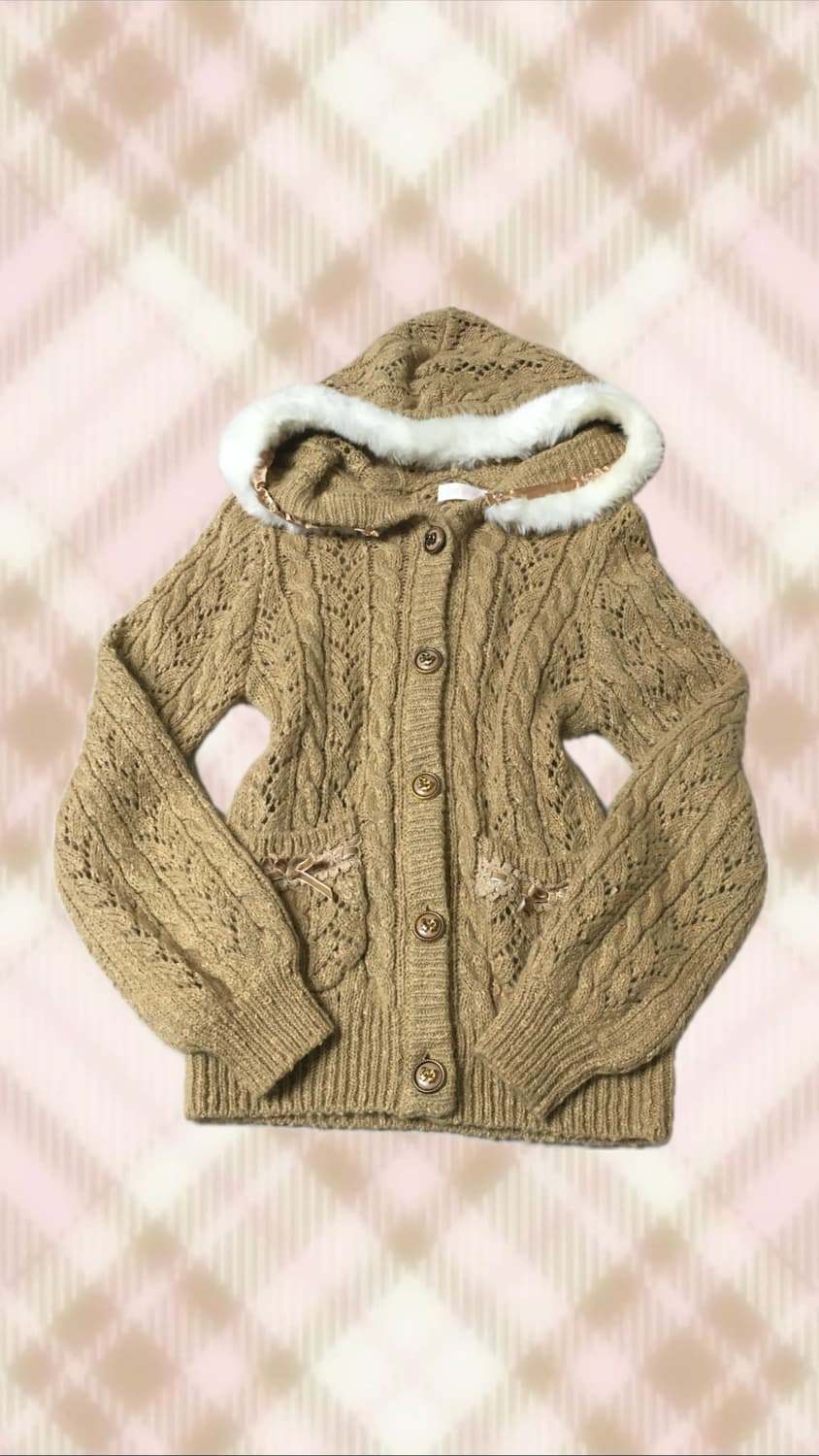 리즈리사 브라운 퍼 리본 니트 후드 가디건 라떼 히메 러블리 로걀 갸루 상품이미지1