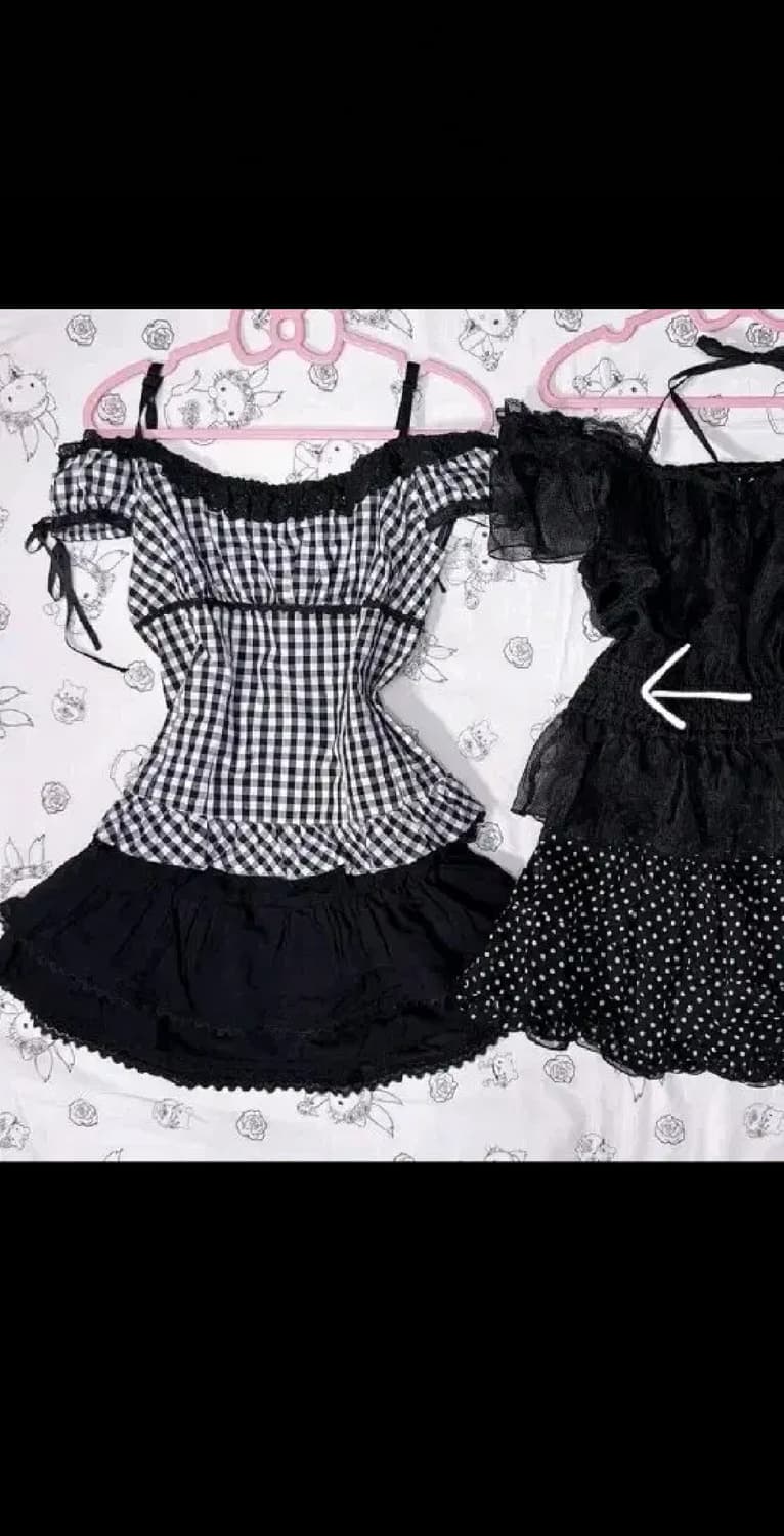 공겜여주핀터깔 체크 오프숄더 리본레이스 블라우스 로걀탑 상품이미지1