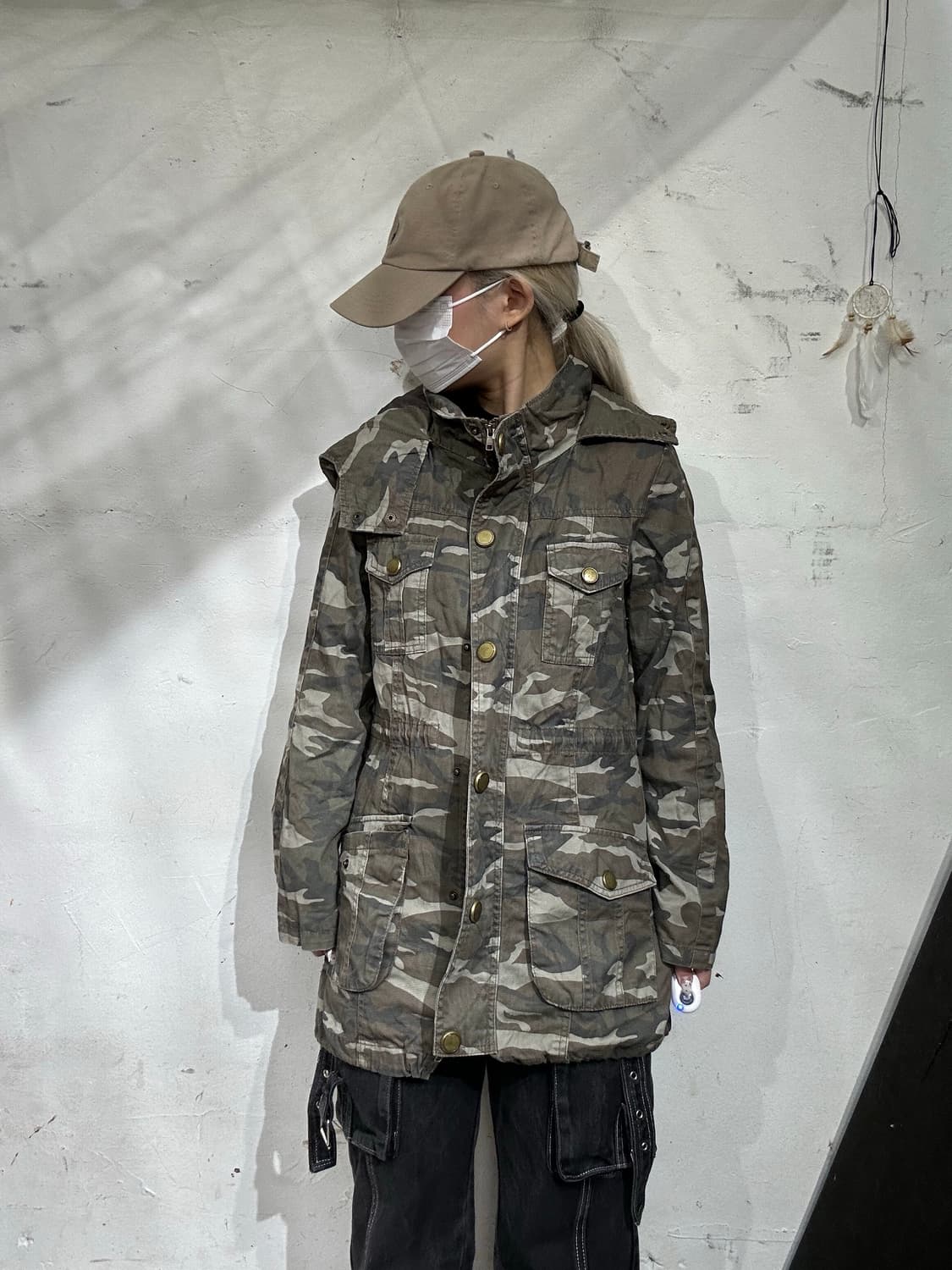 일본 빈티지 밀리터리 카모 후드 야상 갸루 코어 자켓 M 상품이미지2
