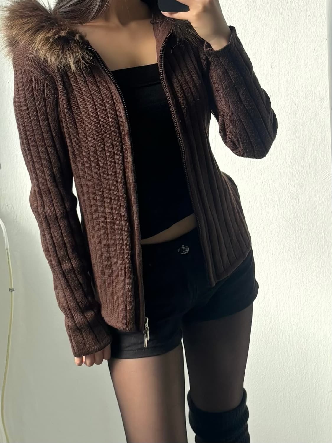 Vintage Brown Two-Way Fur Hood Zip-Up 상품이미지4