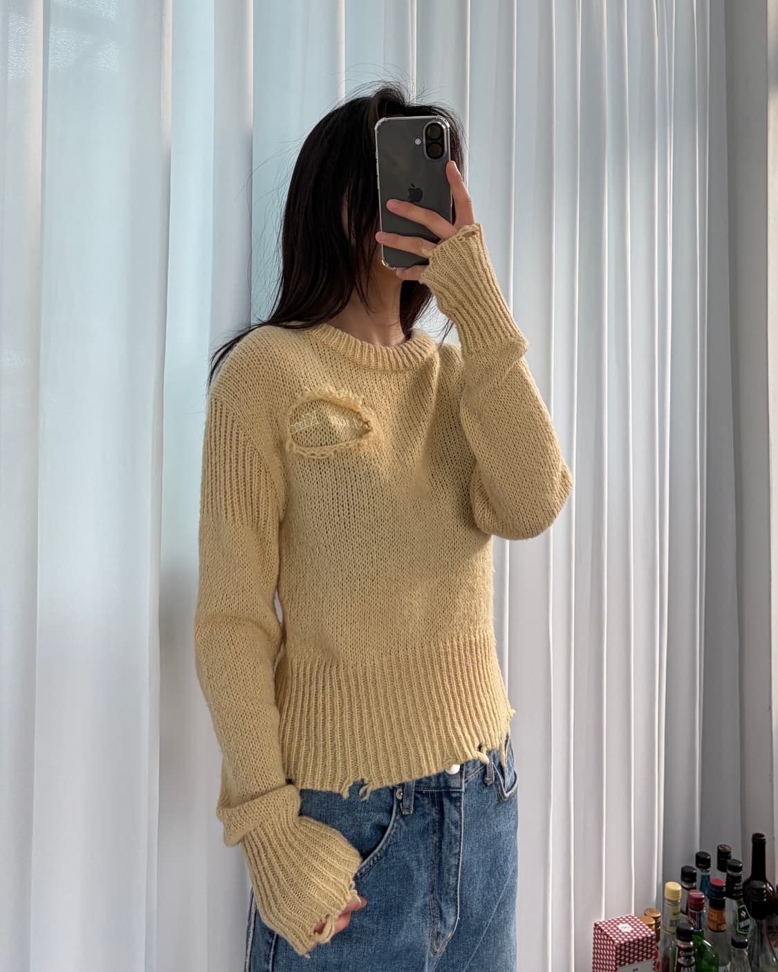 [S]마뗑킴 Matin kim 데미지 솔리드 니트 라이트 옐로우 상품이미지4