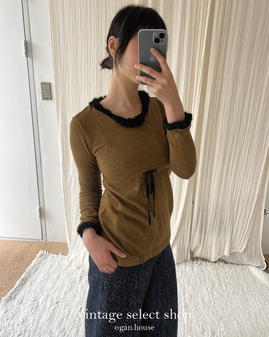 vintage mustard camel fur trimming top 상품이미지1