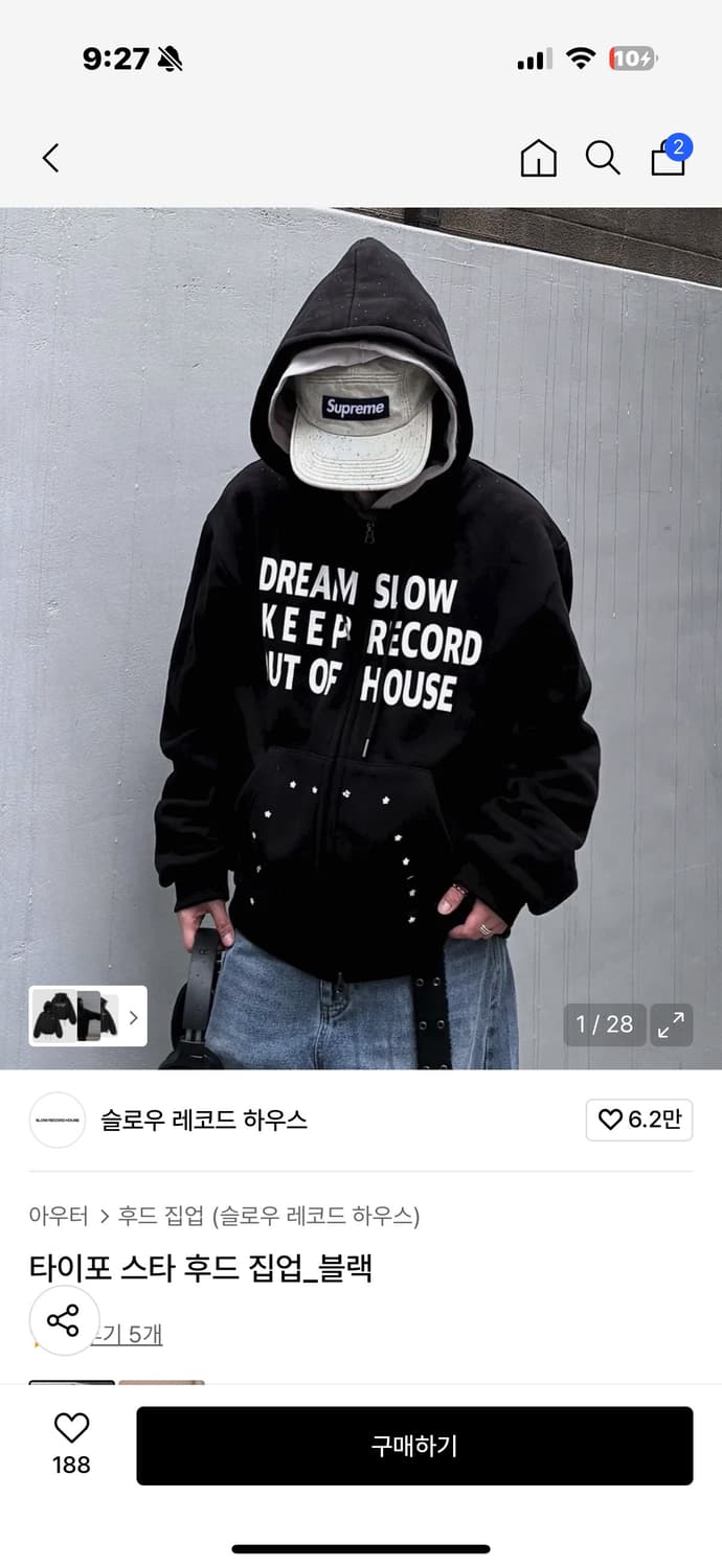 슬로오 레코드 하우스 후드집업 블랙 M 상품이미지2