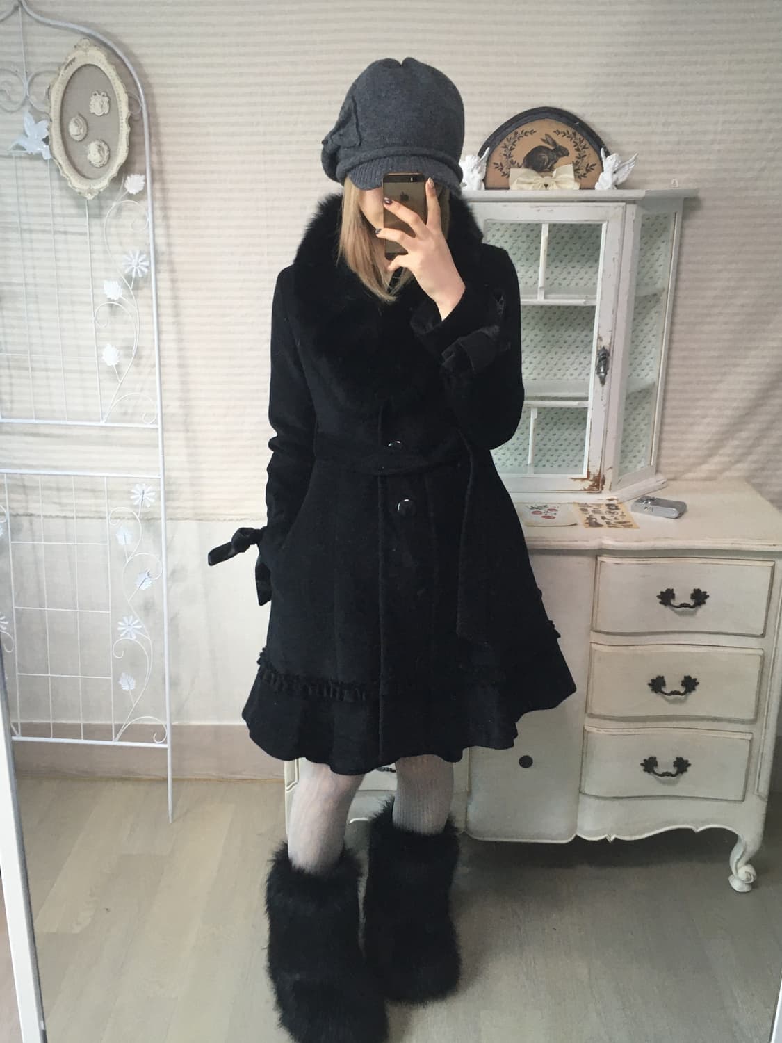 jpn vintage black fur collar frill coat 상품이미지2