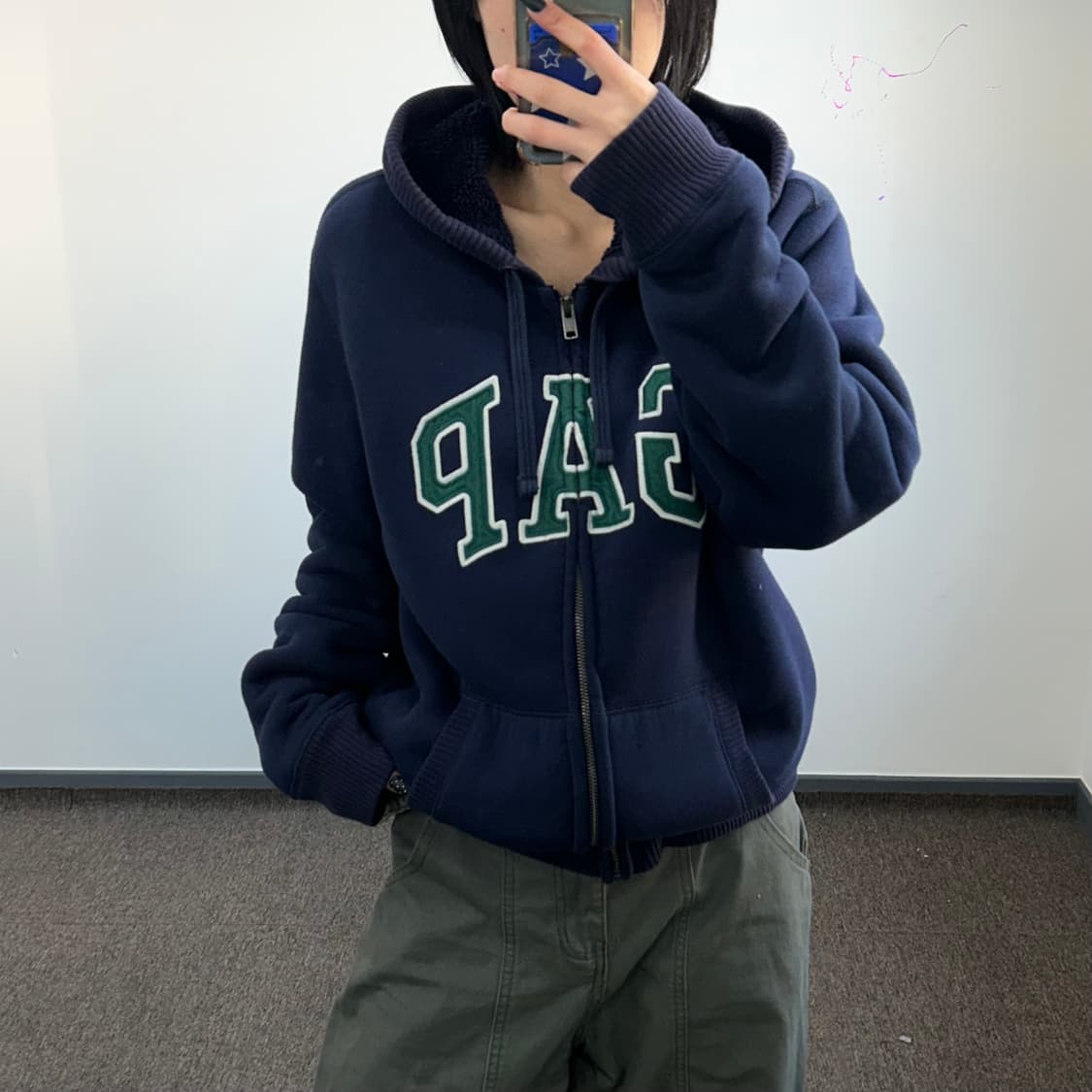 Gap 갭 그린 로고 네이비 퍼안감 후드집업 상품이미지1