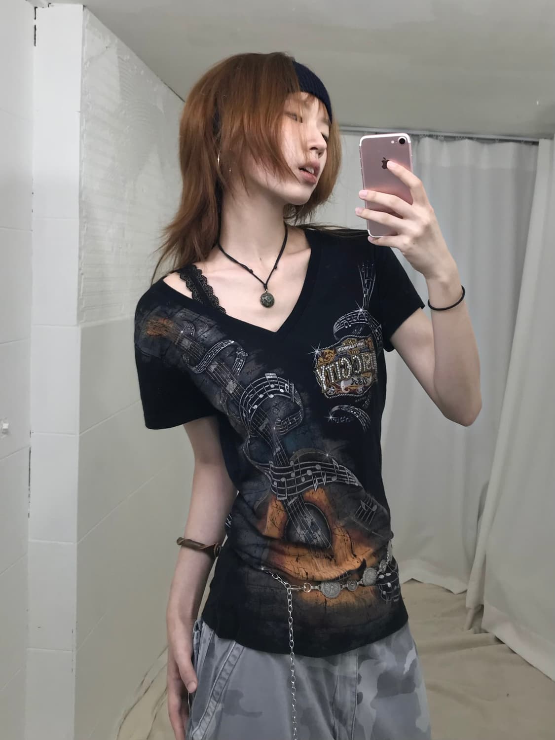 할리데이비슨 큐빅 통기타 브이넥 반팔 티셔츠 상품이미지1