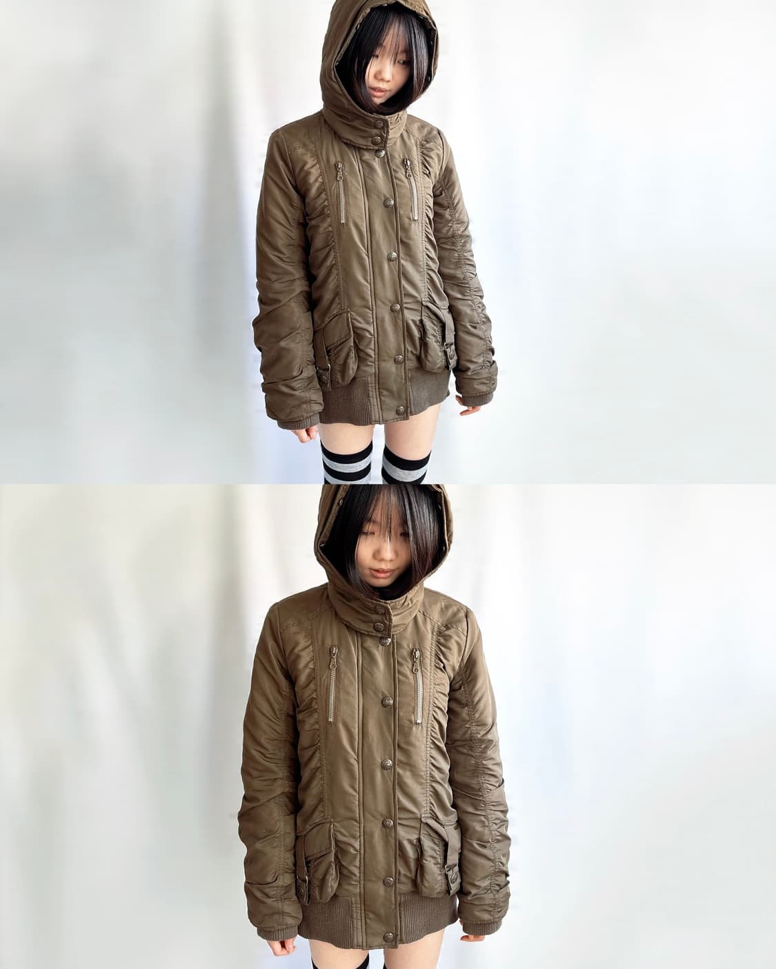 Khaki shrring banded padded field coat 상품이미지3