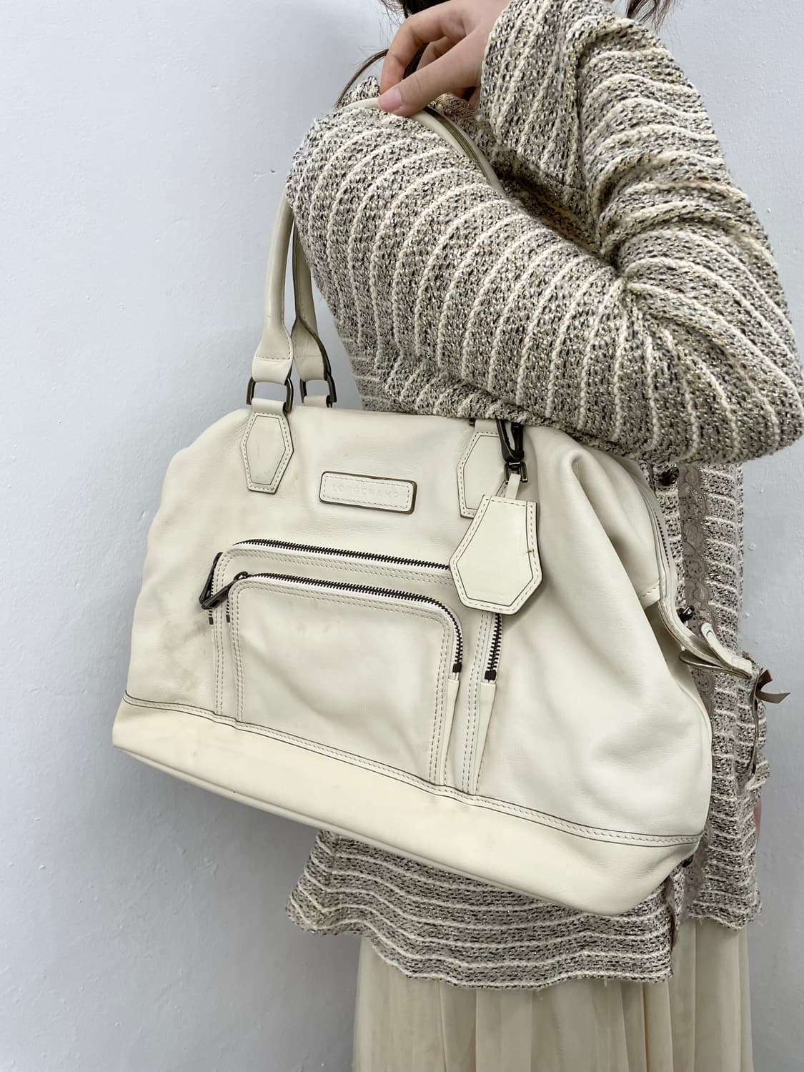 롱샴 아이보리 레더 보스턴백 상품이미지1