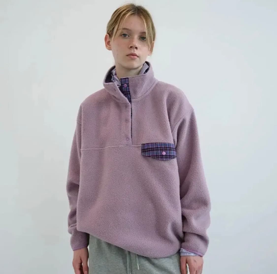 엔조블루스 레트로 스냅 플리스 아노락 라벤더 체크 카라 후리스 상품이미지1