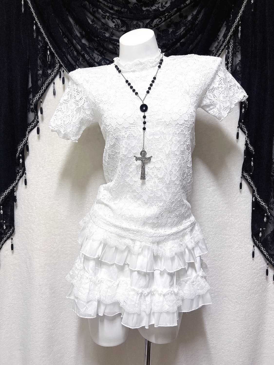 로맨틱고딕 엔젤릭 고스로리타 퓨어화이트 레이스프릴 로걀탑 페어리 핀터 상품이미지6