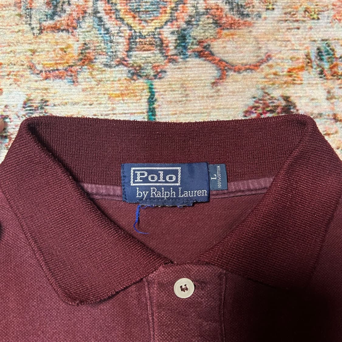 [L] 90s 폴로 랄프로렌 미국생산 포니로고 버건디 카라 반팔 상품이미지3