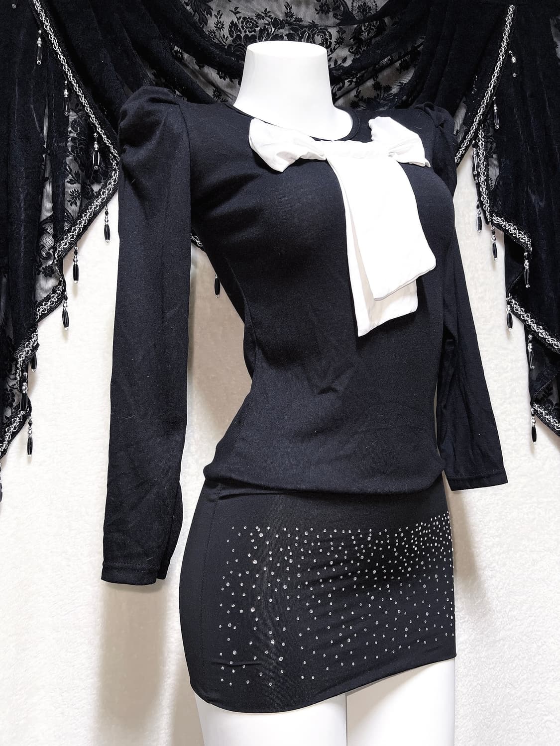 로맨틱고딕 고스 오네갸루 히메 왕리본 퍼프숄더 미니원피스 섹시 연말 파티 상품이미지3