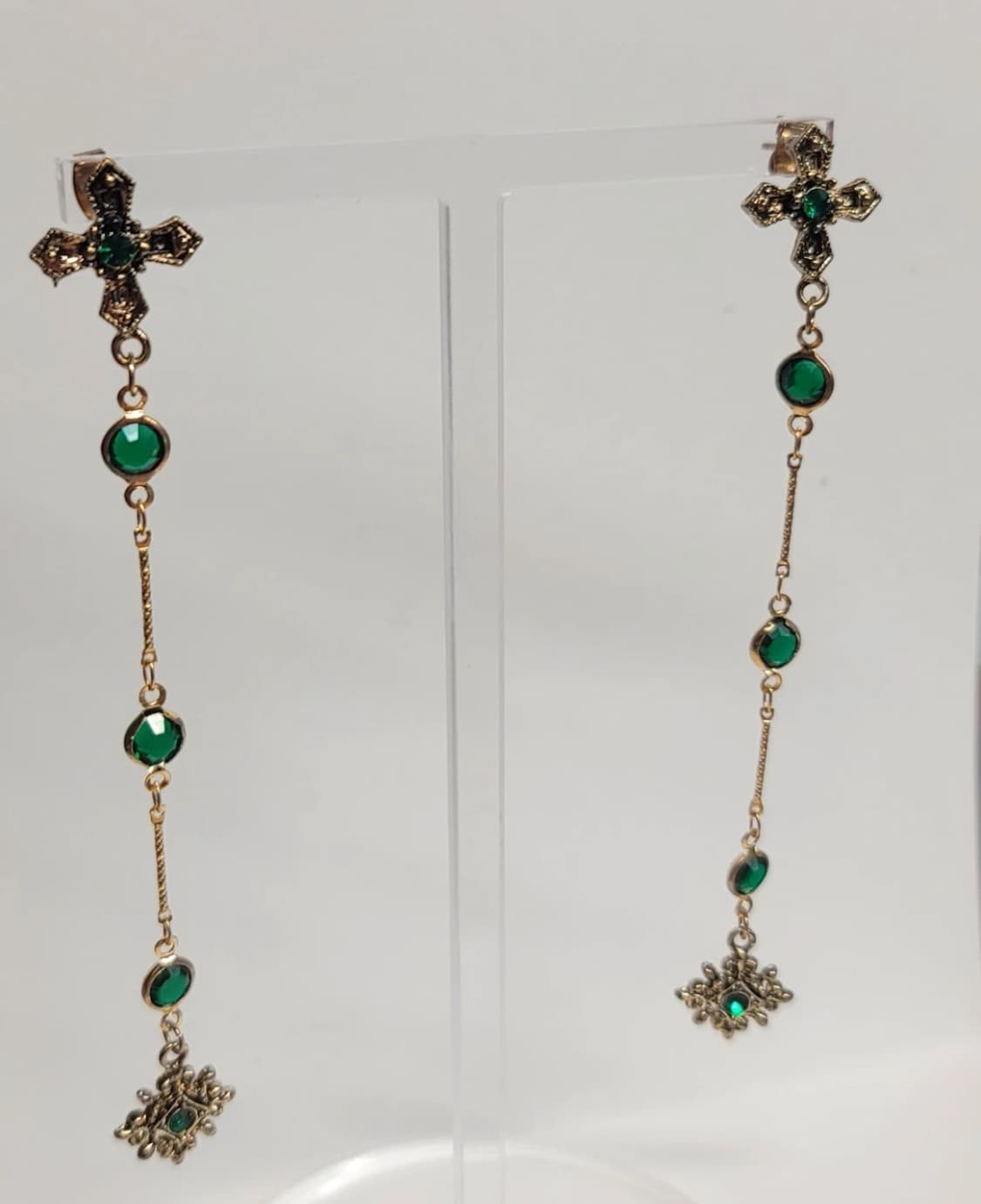 피아네 핸드메이드 크로스 드롭 귀걸이 그린 골드 초록 이어링 상품이미지2