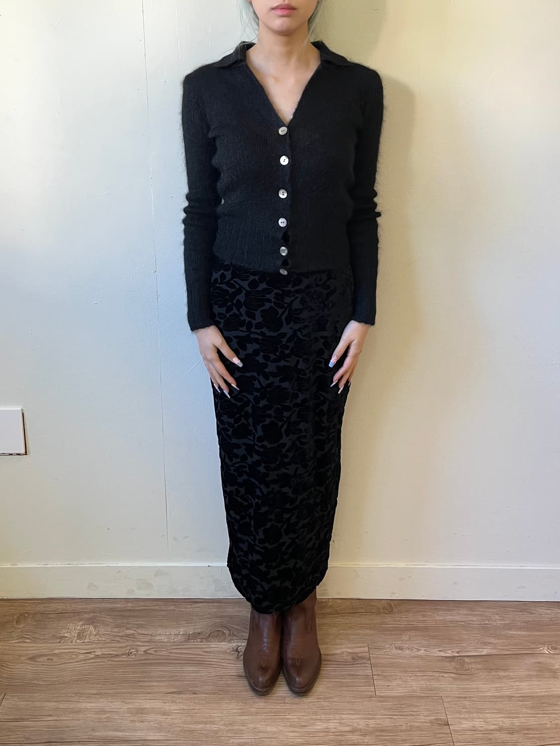 japan vtg 벨벳 플라워 밴딩 스커트 상품이미지6