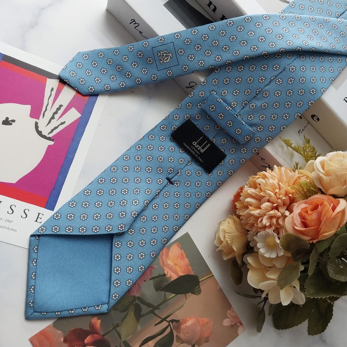 던힐 실크 스카이블루 플라워 넥타이 8.2cm A+등급 K2521 상품이미지5