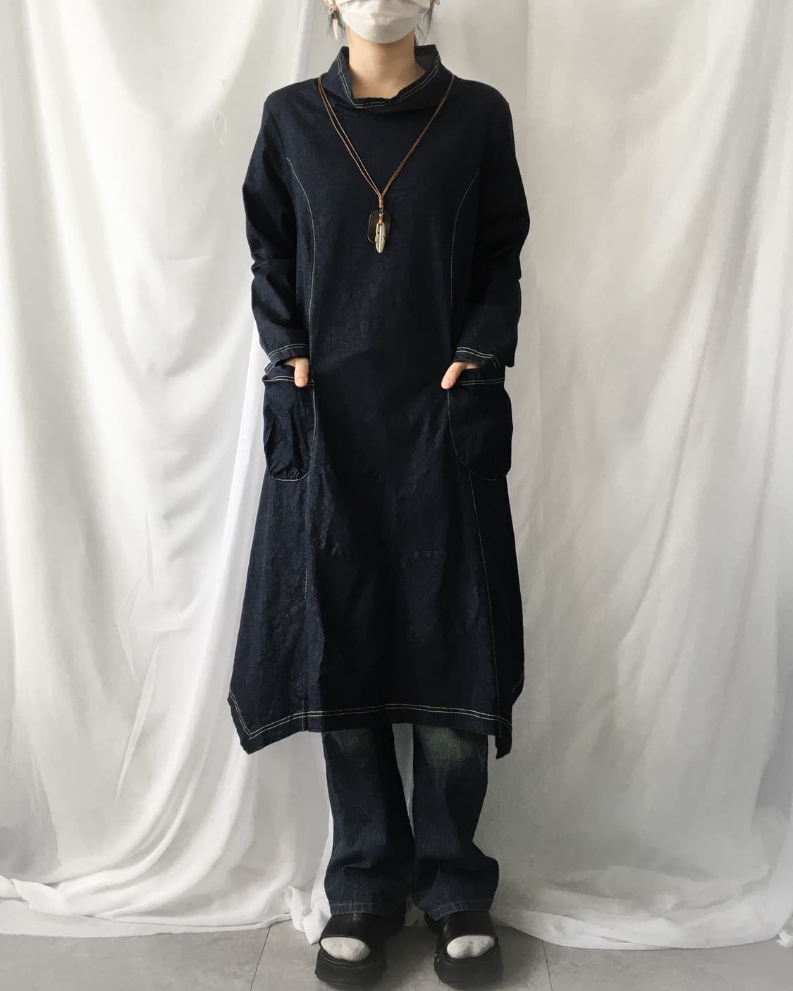 High neck dot point denim onepiece 상품이미지6
