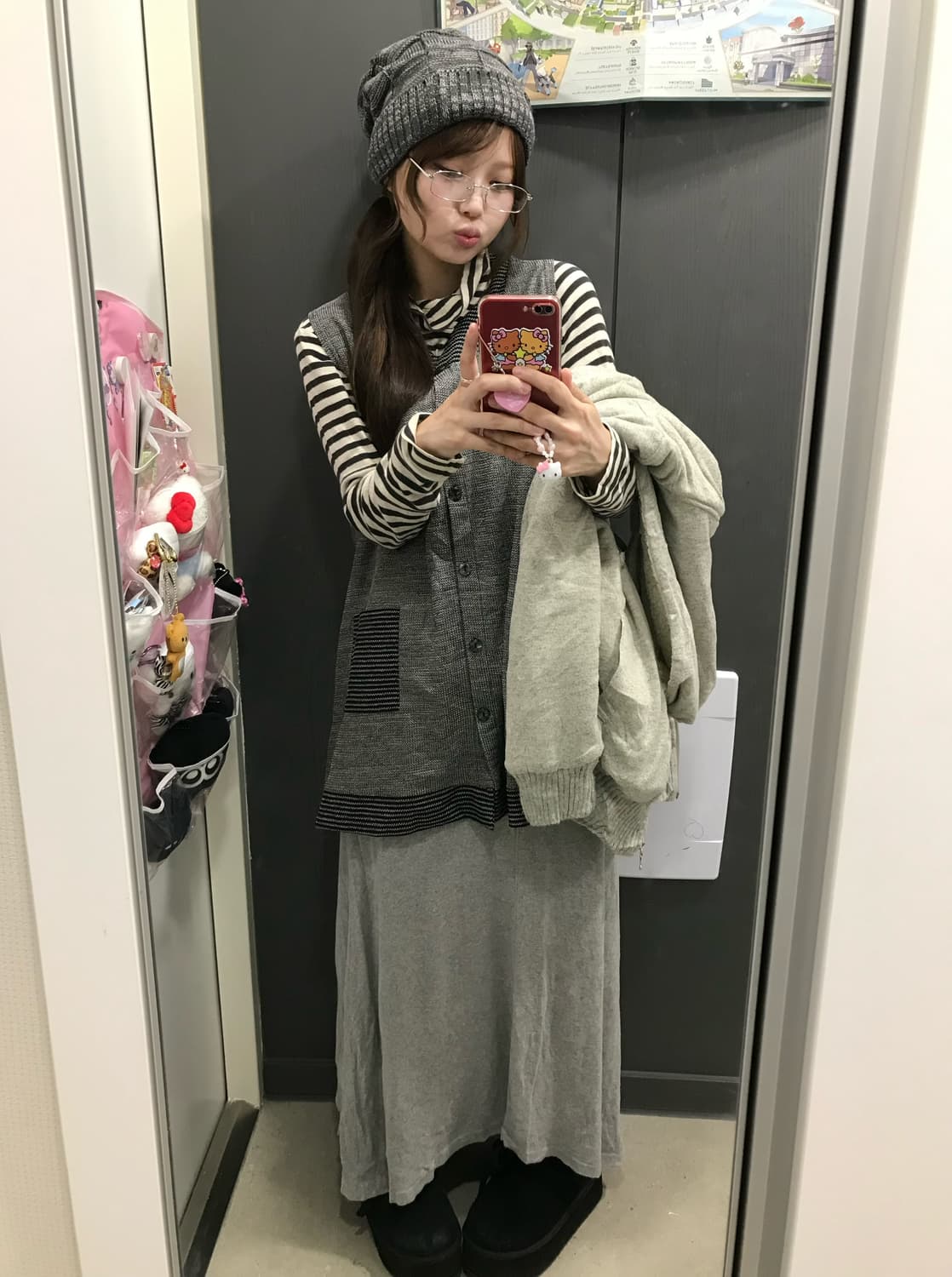 스트라이프 너드 니혼진 그레이 롱스커트 코디세트 상품이미지1