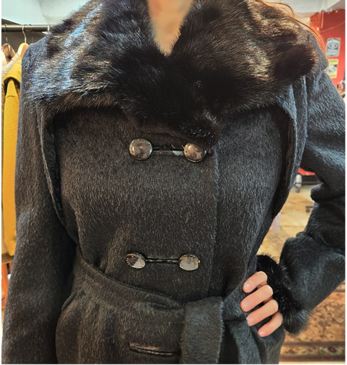 DElBA milano 알파카 울 블렌드 리얼 밍크 퍼 블랙 롱 코트 상품이미지2