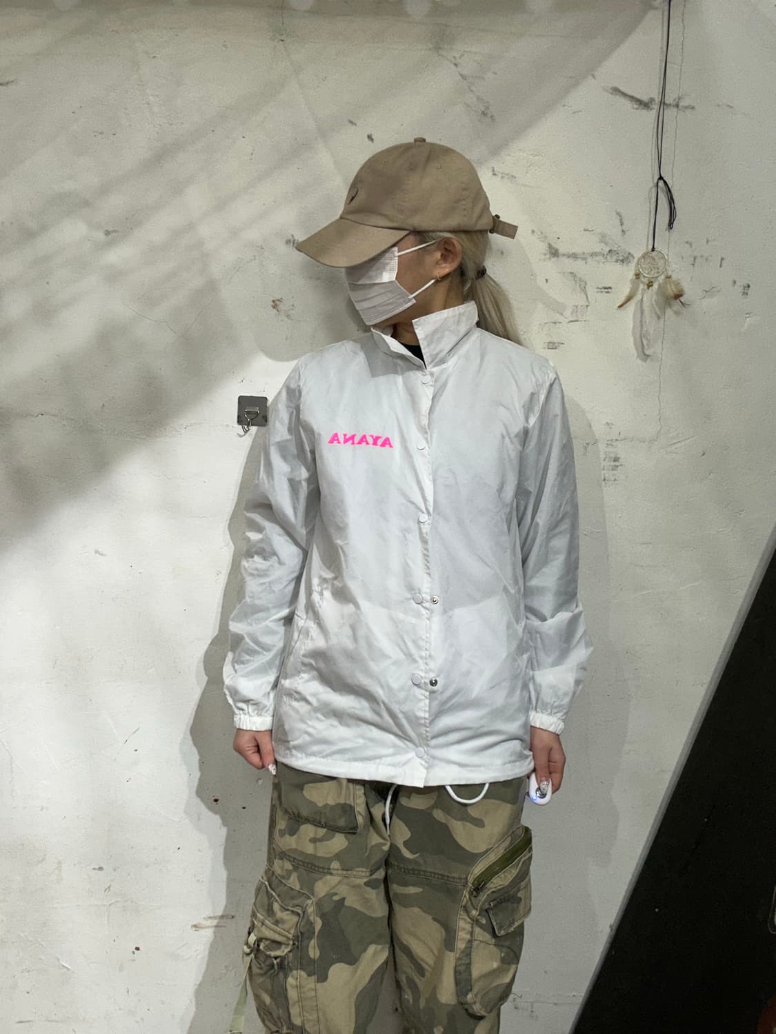 일본 빈티지 화이트 핑크 프린팅 바람막이 자켓 S 상품이미지2