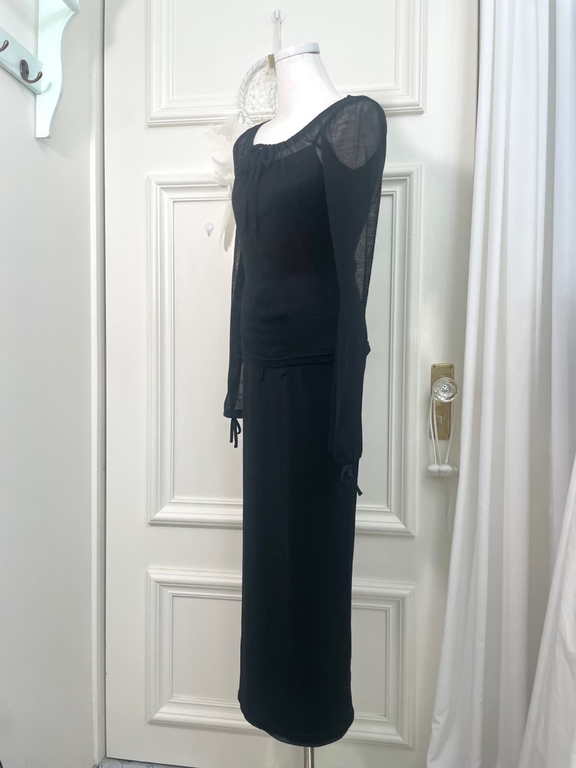 black sheer shirring bow top&skirt set 상품이미지2