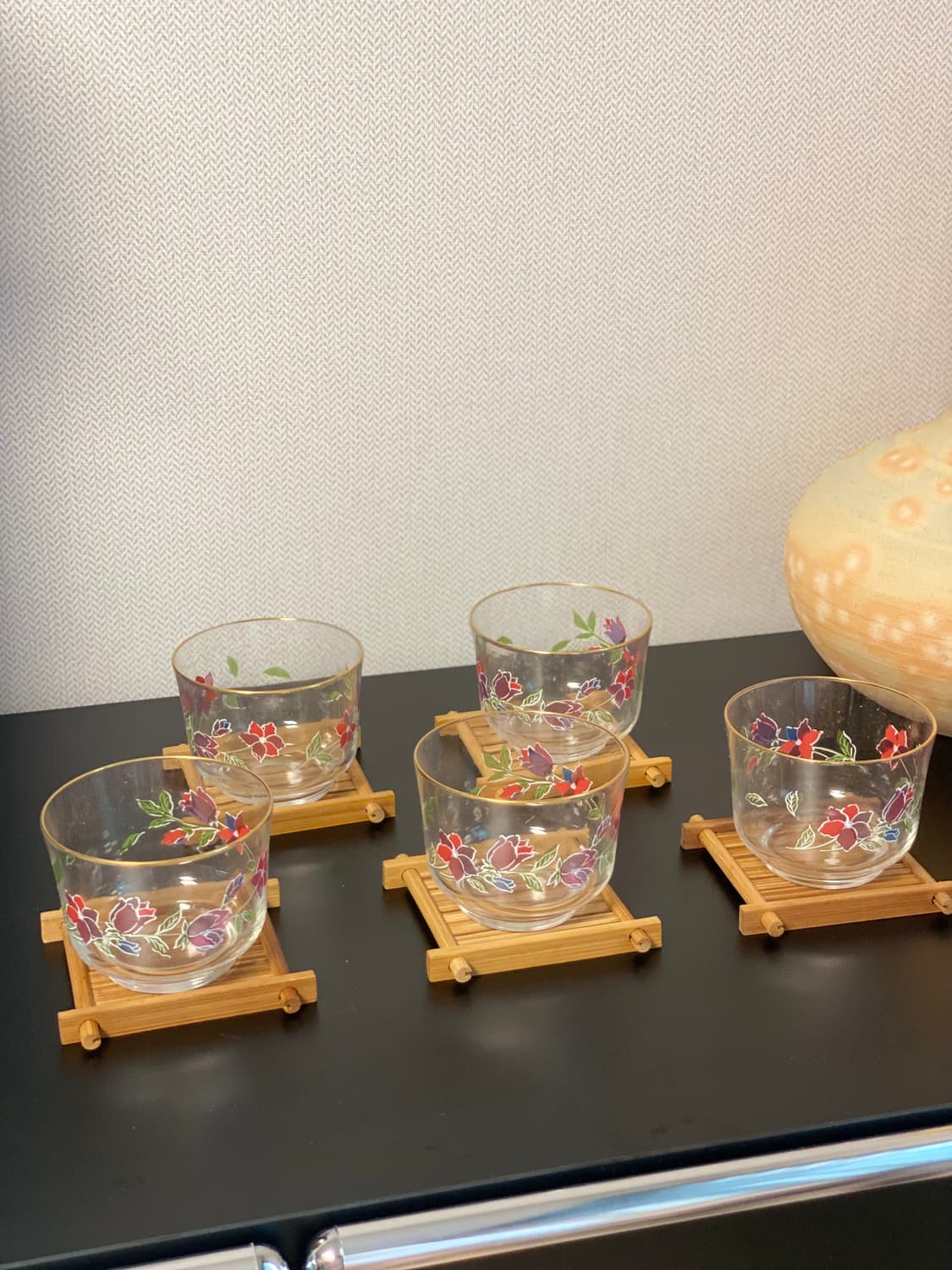 일본수입 ADERIA GLASS 플라워 유리 찻잔 5객 세트 (우드 받침 상품이미지3