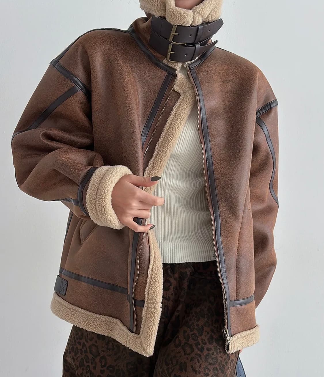 레더 쉐르파 무스탕 자켓 더그린랩 상품이미지3