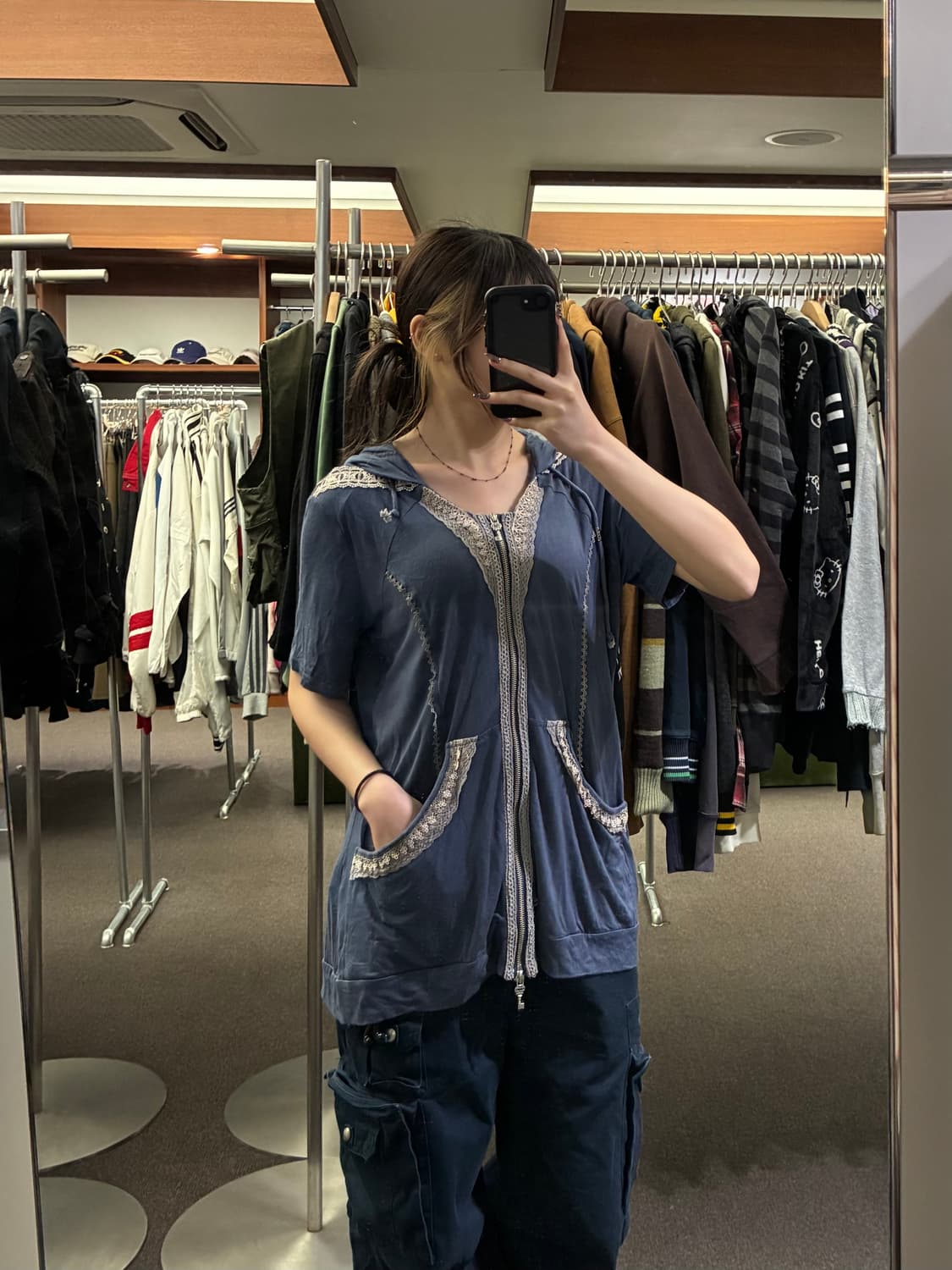 OS)Ozz Angero 빈티지 여성 레이스 디테일 반팔 후드집업 상품이미지1