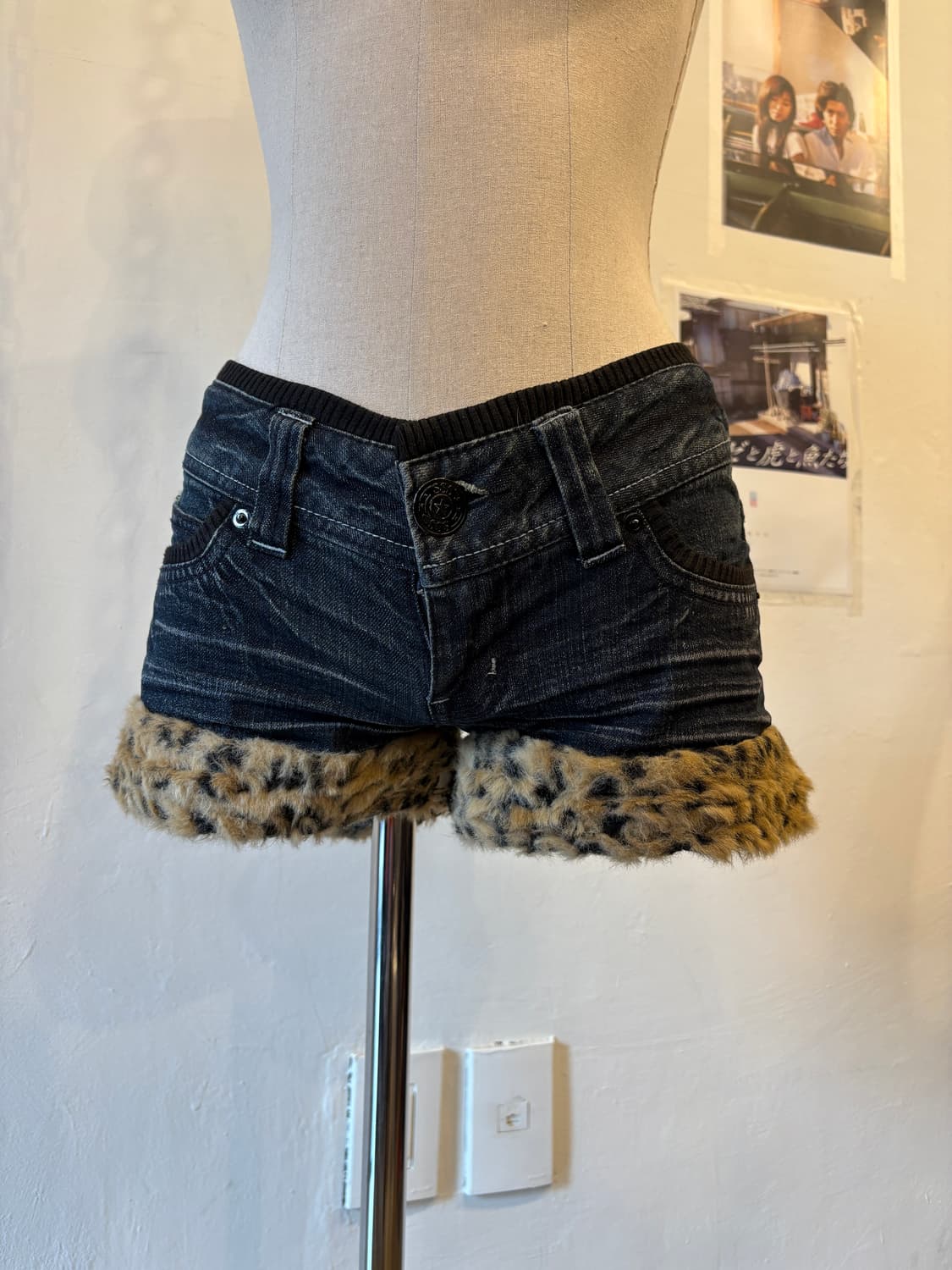 레오파드 퍼 데님 숏팬츠 갸루 상품이미지6