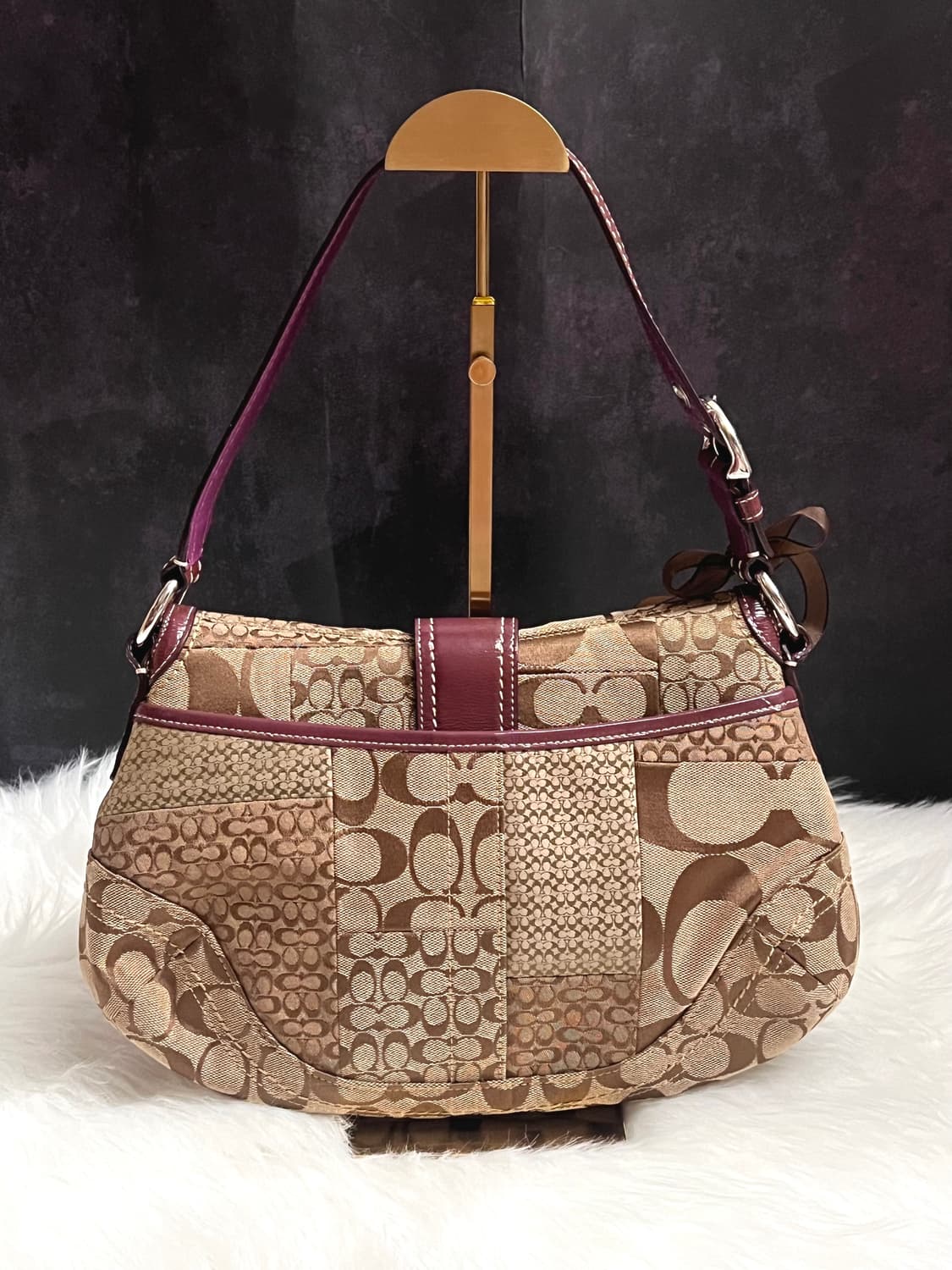 90s coach 시그니처 패치워크 캔버스 딥 퍼플 레더 트리밍 소호백 상품이미지4