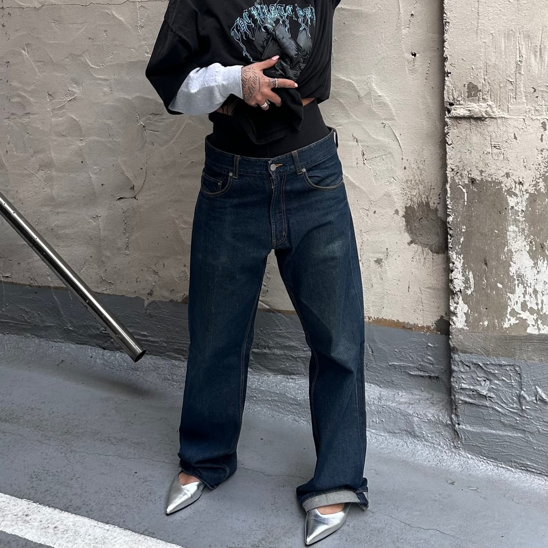 타미진스 올드스쿨 인디고 백 레터링 와이드 팬츠(32) 상품이미지5