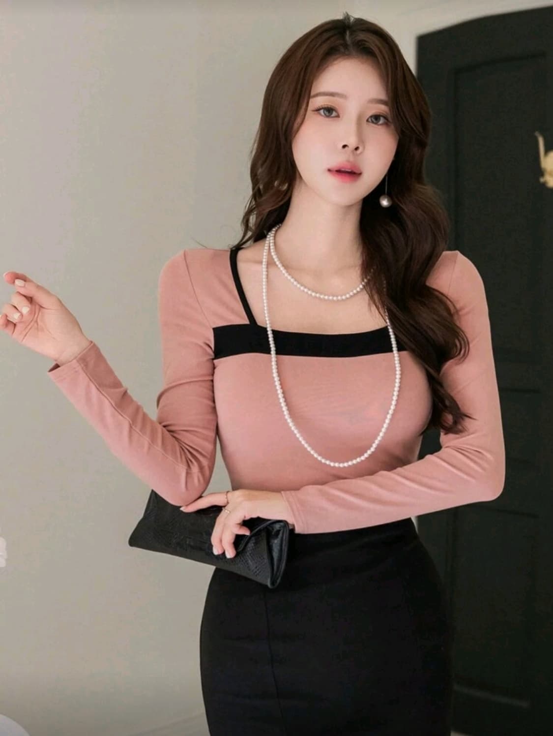 (택있는새옷) 빅사이즈 스퀘어넥 핑크배색티셔츠 상품이미지2