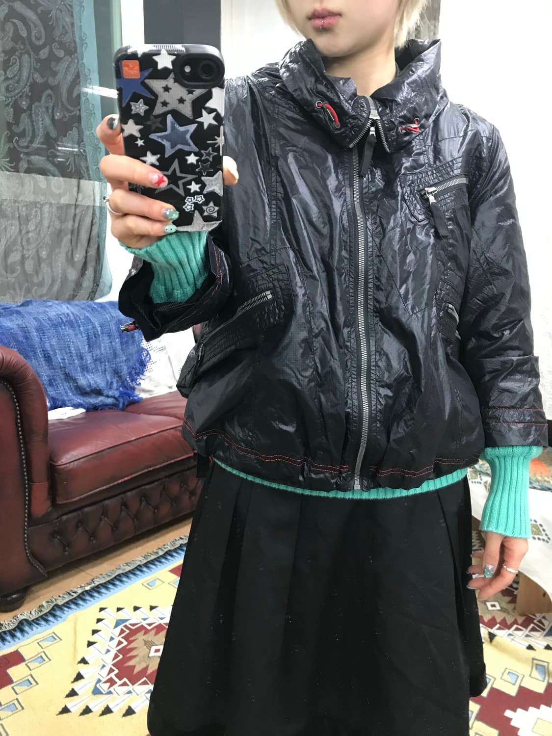 A6 빈티지 레드 스티치 홑겹 7부 바람막이 상품이미지2