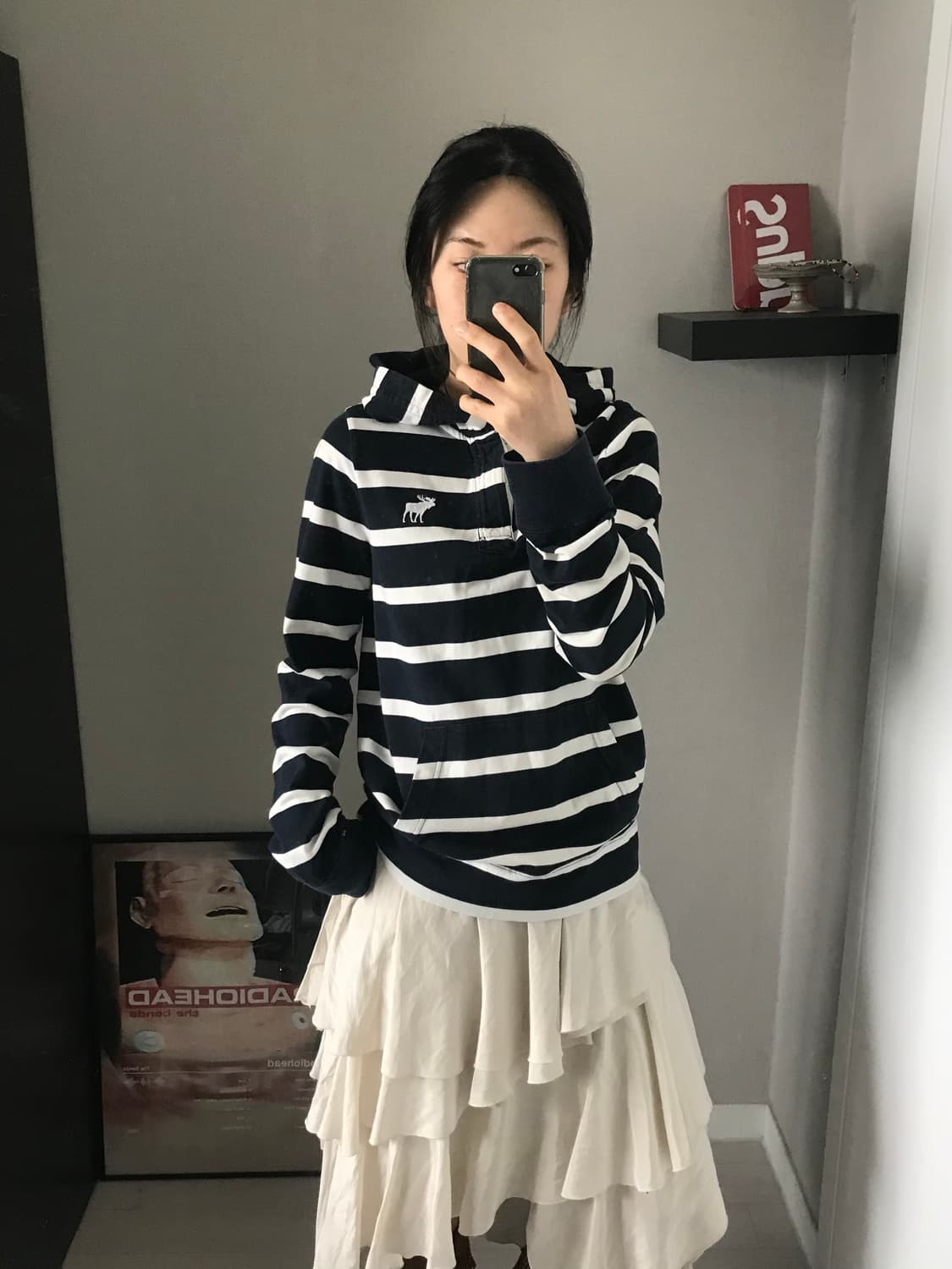 아베크롬비 산양 로고 스트라이프 반집업 버튼 후드 슬리브티 상품이미지2