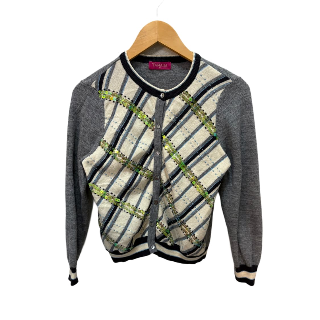 빈티지 그레이 스팽글 체크 패턴 가디건 상품이미지5