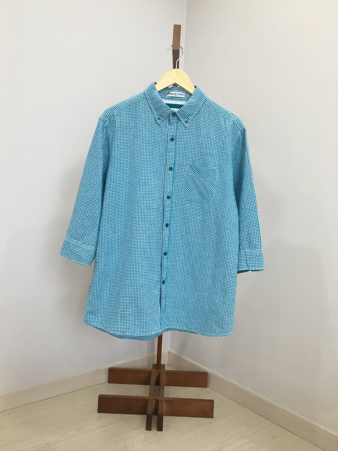 jpn빈티지 하늘체크패턴 7부셔츠 상품이미지1