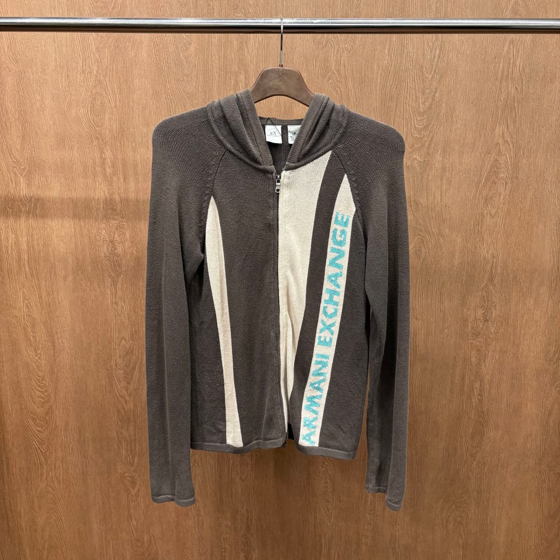 아르마니 익스체인지 니트 후드 집업 자켓 배색 직조 로고 디테일 브라운 상품이미지2