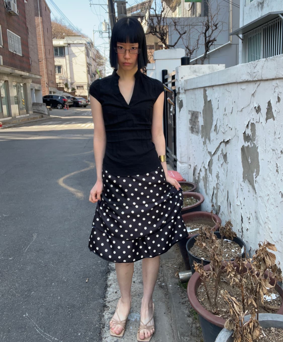 도트 무늬 이단 프릴 미디 스커트 상품이미지1