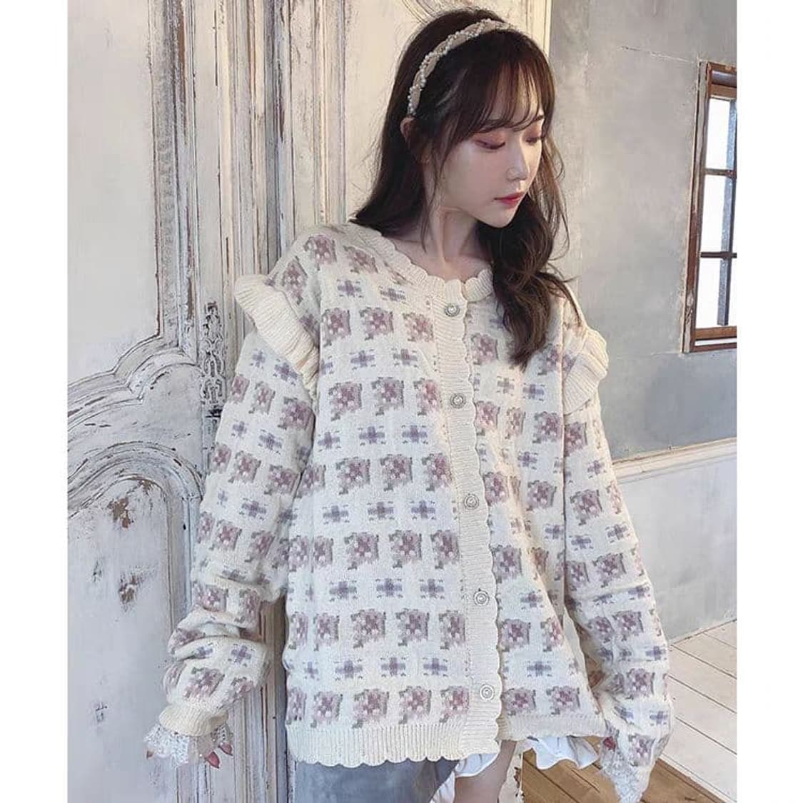 Swankiss 일본빈티지)양산형st 로맨틱 프릴 진주 플라워 니트가디건 상품이미지4