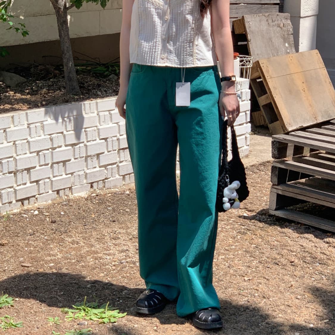 어베인 그린 코튼 와이드팬츠 면바지 상품이미지1