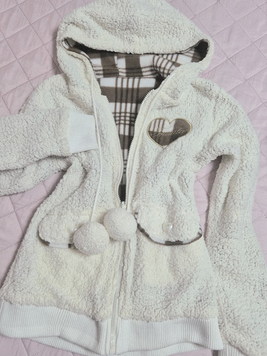 트랄라라 리즈리사 초코 아이보리 브라운 체크 라떼 모자 후드 폼폼이 갸루 상품이미지2