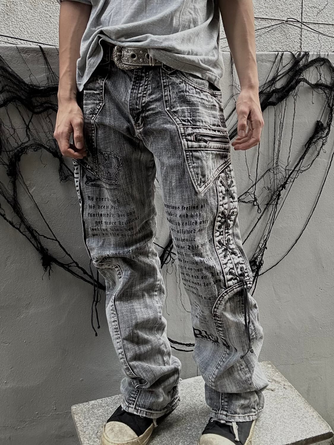 *rare design* 00s JPN 레터링 레이스업 펑크 데님팬츠 상품이미지3