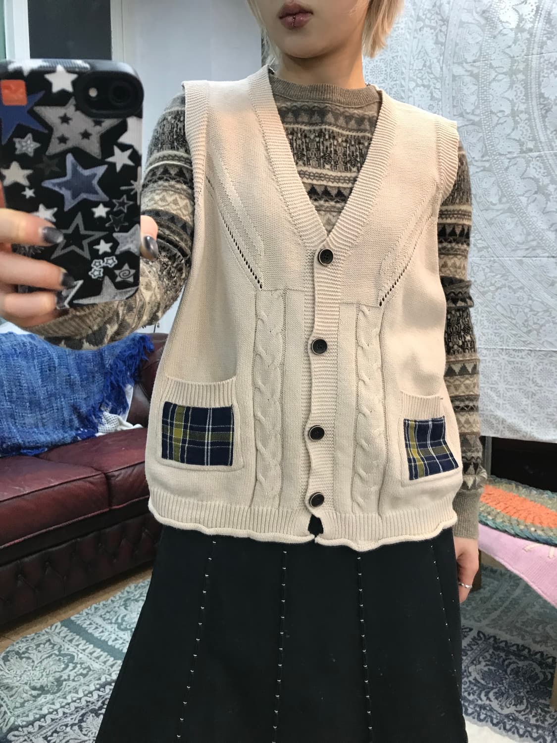 JOONEE 여성 체크 투포켓 니트 베스트 가디건 상품이미지1