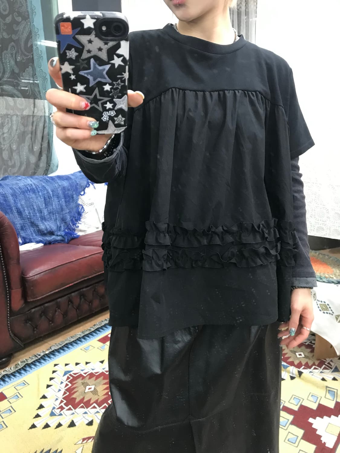 빈티지 여성 블랙 프릴 반팔티  상품이미지1