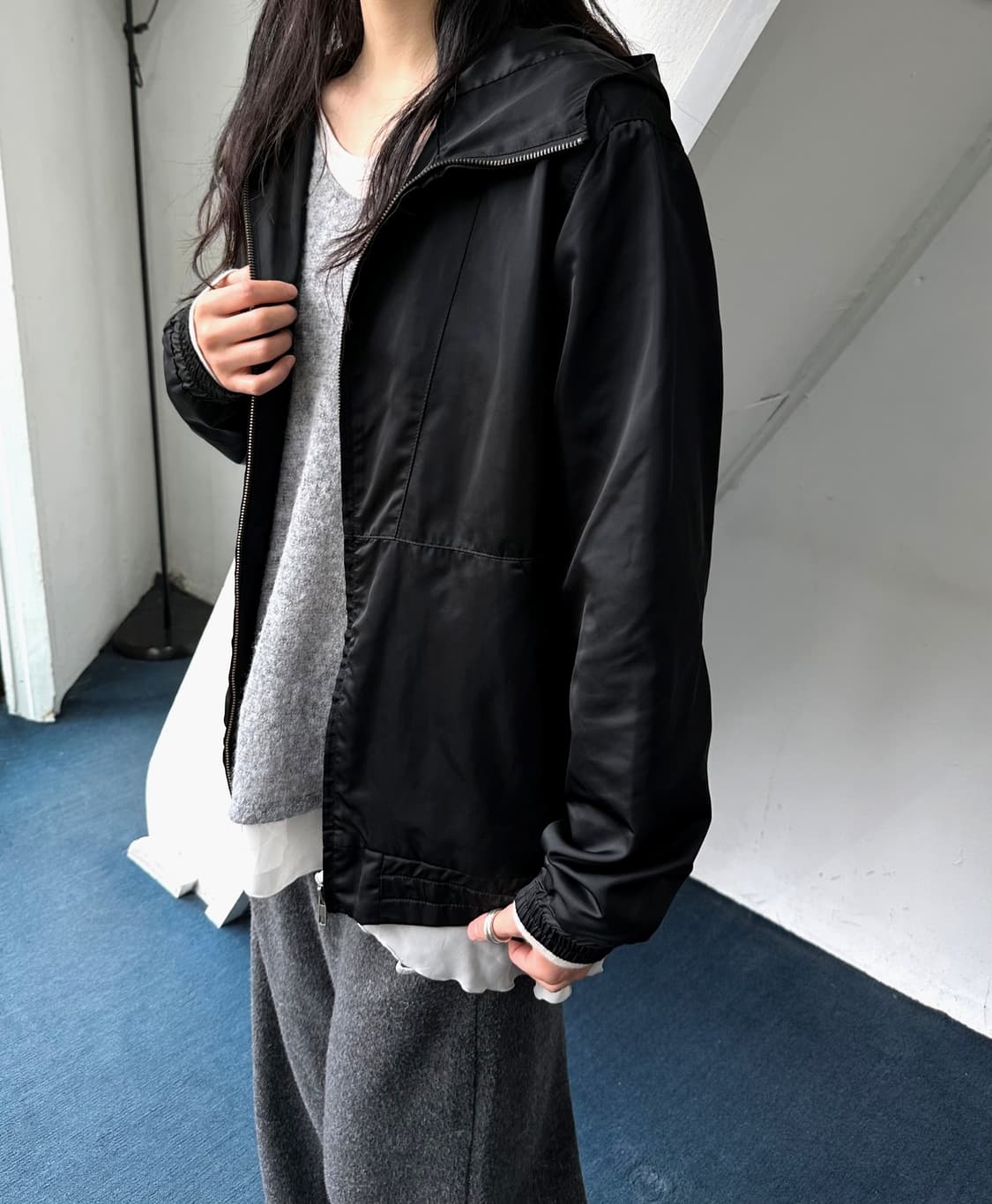 Poly satin high count hood zip parka 상품이미지7