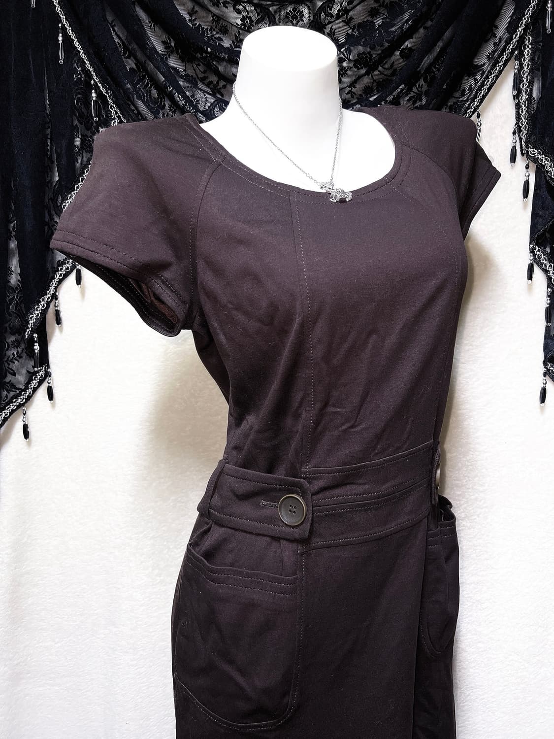 모던 클래식 올드머니 긱시크 브라운 반팔 벨트 원피스 너드 라떼 핀터 상품이미지3