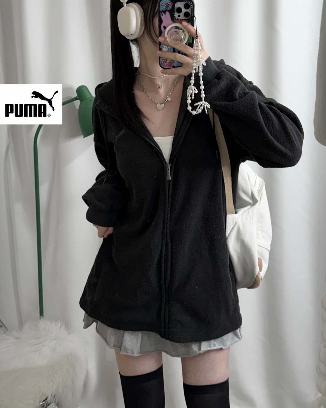 푸마 블랙 뽀글이 오버핏 후드 집업 상품이미지1