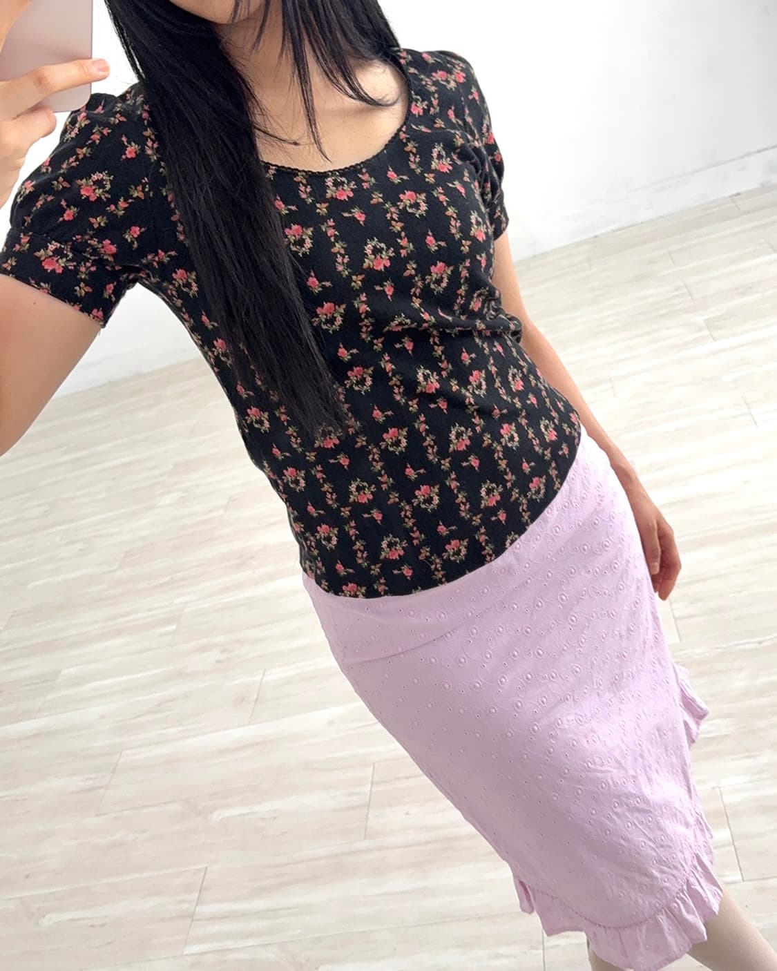 Black Antique Floral Pattern Short Top 상품이미지4