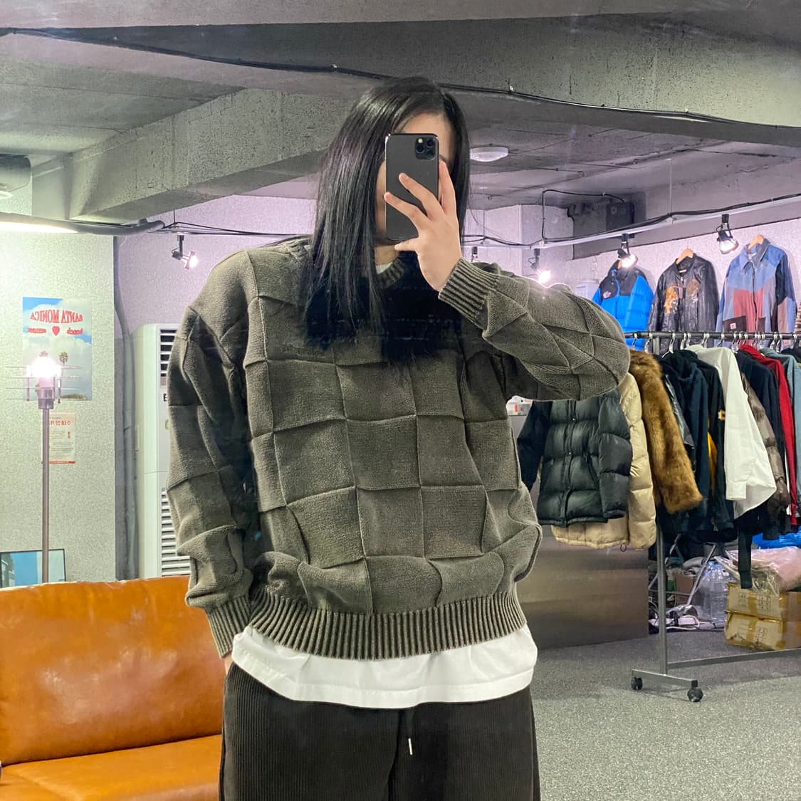 마하그리드 스몰로고 피그먼트 체커보드 카키 니트 B3822   상품이미지1